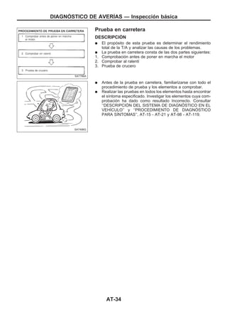Prueba en carretera
DESCRIPCIOuN
q El propósito de esta prueba es determinar el rendimiento
total de la T/A y analizar las causas de los problemas.
q La prueba en carretera consta de las dos partes siguientes:
1. Comprobación antes de poner en marcha el motor
2. Comprobar al ralentí
3. Prueba de crucero
q Antes de la prueba en carretera, familiarizarse con todo el
procedimiento de prueba y los elementos a comprobar.
q Realizar las pruebas en todos los elementos hasta encontrar
el síntoma especificado. Investigar los elementos cuya com-
probación ha dado como resultado Incorrecto. Consultar
‘‘DESCRIPCIOuN DEL SISTEMA DE DIAGNOuSTICO EN EL
VEHIuCULO’’ y ‘‘PROCEDIMIENTO DE DIAGNOuSTICO
PARA SIuNTOMAS’’, AT-15 - AT-21 y AT-98 - AT-119.
SAT786A
SAT496G
DIAGNOuSTICO DE AVERIuAS — Inspección básica
AT-34
 