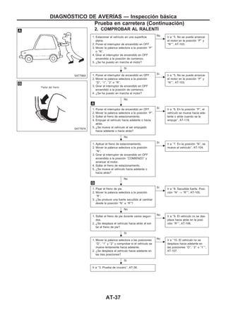 2. COMPROBAR AL RALENTIu
1. Estacionar el vehículo en una superficie
plana.
2. Poner el interruptor de encendido en OFF.
3. Mover la palanca selectora a la posición ‘‘P’’
o ‘‘N’’.
4. Girar el interruptor de encendido en OFF
encendido a la posición de comienzo.
5. ¿Se ha puesto en marcha el motor?
Sí
c
No Ir a ‘‘5. No se puede arrancar
el motor en la posición ‘‘P’’ y
‘‘N’’’’, AT-103.
1. Poner el interruptor de encendido en OFF.
2. Mover la palanca selectora a la posición
‘‘D’’, ‘‘1’’, ‘‘2’’ o ‘‘R’’.
3. Girar el interruptor de encendido en OFF
encendido a la posición de comienzo.
4. ¿Se ha puesto en marcha el motor?
No
c
Sí Ir a ‘‘5. No se puede arrancar
el motor en la posición ‘‘P’’ y
‘‘N’’’’, AT-103.
1. Poner el interruptor de encendido en OFF.
2. Mover la palanca selectora a la posición ‘‘P’’.
3. Soltar el freno de estacionamiento.
4. Empujar el vehículo hacia adelante o hacia
atrás.
5. ¿Se mueve el vehículo al ser empujado
hacia adelante o hacia atrás?
No
c
Sí Ir a ‘‘6. En la posición ‘‘P’’, el
vehículo se mueve hacia ade-
lante o atrás cuando se le
empuja’’, AT-119.
1. Aplicar el freno de estacionamiento.
2. Mover la palanca selectora a la posición
‘‘N’’.
3. Girar el interruptor de encendido en OFF
encendido a la posición ‘‘COMIENZO’’ y
arrancar el motor.
4. Soltar el freno de estacionamiento.
5. ¿Se mueve el vehículo hacia adelante o
hacia atrás?
No
c
Sí Ir a ‘‘7. En la posición ‘‘N’’, se
mueve el vehículo’’, AT-104.
1. Pisar el freno de pie.
2. Mover la palanca selectora a la posición
‘‘R’’.
3. ¿Se produce una fuerte sacudida al cambiar
desde la posición ‘‘N’’ a ‘‘R’’?
No
c
Sí Ir a ‘‘8. Sacudida fuerte. Posi-
ción ‘‘N’’ → ‘‘R’’’’, AT-105.
1. Soltar el freno de pie durante varios segun-
dos.
2. ¿Se desplaza el vehículo hacia atrás al sol-
tar el freno de pie?
Sí
c
No Ir a ‘‘9. El vehículo no se des-
plaza hacia atrás en la posi-
ción ‘‘R’’’’, AT-106.
1. Mover la palanca selectora a las posiciones
‘‘D’’, ‘‘1’’ y ‘‘2’’ y comprobar si el vehículo se
mueve lentamente hacia adelante.
2. ¿Se desplaza el vehículo hacia adelante en
las tres posiciones?
Sí
c
No Ir a ‘‘10. El vehículo no se
desplaza hacia adelante en
las posiciones ‘‘D’’, ‘‘2’’ o ‘‘1’’’’,
AT-107.
Ir a ‘‘3. Prueba de crucero’’, AT-38.
SAT796A
SAT797A
.
.
.
.
.
.
.
DIAGNOuSTICO DE AVERIuAS — Inspección básica
Prueba en carretera (Continuacio´n)
AT-37
 