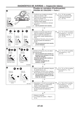 PRUEBA DE CRUCERO — Parte 2
1. Confirmar que el selector de directa
está en la posición ‘‘ON’’.
2. Confirmar que el selector de directa
está en la posición ‘‘D’’.
3. Acelerar de nuevo el vehículo con la
mariposa medio abierta.
4. ¿Se pone en movimiento el vehículo
desde D1?
Leer la posición de la marcha.
Sí
c
No Ir a ‘‘19. No es posible
poner en marcha el vehí-
culo desde la posición
D1’’, AT-116.
1. Acelerar el vehículo hasta 80 km/h
como se muestra en la ilustración.
2. Soltar el pedal del acelerador y a
continuación, pisarlo rápidamente a
fondo.
3. ¿Cambia la T/A de D4 a D2 en cuanto
se pisa el pedal del acelerador a
fondo?
Leer las posiciones de la marcha
y de la mariposa.
Sí
c
No Ir a ‘‘12. La T/A no cambia
de marcha: D1 → D2 o no
hay relación corta: D4 →
D2’’, AT-109.
¿Cambia la T/A de D2 a D3 a la veloci-
dad especificada?
Leer la posición de la marcha, la
posición de la mariposa y la velo-
cidad del vehículo.
Velocidad especificada cuando se
cambia de D2 a D3:
Consultar el programa de
cambios, AT-204.
Sí
c
No Ir a ‘‘13. La T/A no cambia
de marcha: D2 → D3’’,
AT-110.
1. Soltar el pedal del acelerador después
de cambiar de D2 a D3.
2. ¿Cambia la T/A de D3 a D4 y desace-
lera el vehículo con el freno del motor?
Leer la posición de la marcha, la
posición de la mariposa y la velo-
cidad del vehículo.
Sí
c
No Ir a ‘‘14. La T/A no cambia
de marcha: D3 → D4’’,
AT-111.
1. Desacelerar a 10 km/h con el pedal del
acelerador suelto y, a continuación,
pisarlo a fondo rápidamente.
2. ¿Cambia la T/A de D2 a D1 en cuanto
se pisa el pedal del acelerador a
fondo?
Sí
c
No Ir a ‘‘20.La T/A no cambia
de marcha: D2 → D1 al
pisar el pedal del
acelerador, AT-117.
1. Detener el vehículo.
2. Ir a ‘‘Prueba de crucero — Parte 3’’,
AT-44.
SAT495G
SAT404H
SAT405H
SAT124I
.
.
.
.
.
DIAGNOuSTICO DE AVERIuAS — Inspección básica
Prueba en carretera (Continuacio´n)
AT-43
 