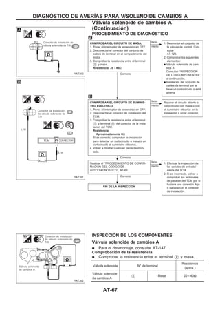 PROCEDIMIENTO DE DIAGNOuSTICO
COMPROBAR EL CIRCUITO DE MASA.
1. Poner el interruptor de encendido en OFF.
2. Desconectar el conector del conjunto de
cables de terminal en el compartimento del
motor.
3. Comprobar la resistencia entre el terminal
V2 y masa.
Resistencia: 20 - 40Ω
Correcto
c
Inco-
rrecto
1. Desmontar el conjunto de
la válvula de control. Con-
sultar
AT-120.
2. Comprobar los siguientes
elementos:
q Válvula solenoide de cam-
bios A
Consultar ‘‘INSPECCIOuN
DE LOS COMPONENTES’’
a continuación.
q Instalación del conjunto de
cables de terminal por si
tiene un cortocircuito o está
abierta
COMPROBAR EL CIRCUITO DE SUMINIS-
TRO ELEuCTRICO.
1. Poner el interruptor de encendido en OFF.
2. Desconectar el conector de instalación del
TCM.
3. Comprobar la resistencia entre el terminal
V2 y terminal V11 del conector de la insta-
lación del TCM.
Resistencia:
Aproximadamente 0Ω
Si es correcto, comprobar la instalación
para detectar un cortocircuito a masa o un
cortocircuito al suministro eléctrico.
4. Volver a montar cualquier pieza desmon-
tada.
Correcto
c
Inco-
rrecto
Reparar el circuito abierto o
cortocircuito con masa o con
el suministro eléctrico en la
instalación o en el conector.
Realizar el ‘‘PROCEDIMIENTO DE CONFIR-
MACIOuN DEL COuDIGO DE
AUTODIAGNOuSTICO’’, AT-66.
Correcto
c
Inco-
rrecto
1. Efectuar la inspección de
las señales de entrada/
salida del TCM.
2. Si es incorrecto, volver a
comprobar los terminales
de pasador del TCM por si
hubiera una conexión floja
o dañada con el conector
de instalación.
FIN DE LA INSPECCIOuN
INSPECCIOuN DE LOS COMPONENTES
Válvula solenoide de cambios A
q Para el desmontaje, consultar AT-147.
Comprobación de la resistencia
q Comprobar la resistencia entre el terminal V2 y masa.
Válvula solenoide N° de terminal
Resistencia
(aprox.)
Válvula solenoide
de cambios A V2 Masa 20 - 40Ω
YAT300
YAT301
YAT302
.
.
.
DIAGNOuSTICO DE AVERIuAS PARA V/SOLENOIDE CAMBIOS A
Válvula solenoide de cambios A
(Continuacio´n)
AT-67
 