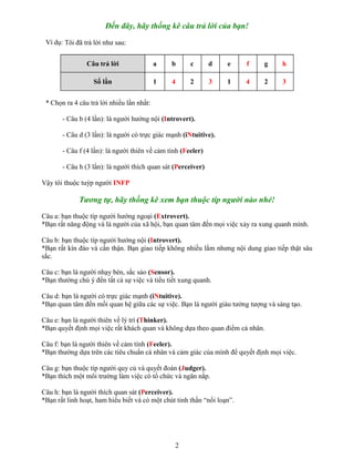 Đến đây, hãy thống kê câu trả lời của bạn!
Ví dụ: Tôi đã trả lời như sau:
Câu trả lời

a

b

c

d

e

f

g

h

Số lần

1

4

2

3

1

4

2

3

* Chọn ra 4 câu trả lời nhiều lần nhất:
- Câu b (4 lần): là người hướng nội (Introvert).
- Câu d (3 lần): là người có trực giác mạnh (iNtuitive).
- Câu f (4 lần): là người thiên về cảm tính (Feeler)
- Câu h (3 lần): là người thích quan sát (Perceiver)
Vậy tôi thuộc tuýp người INFP

Tương tự, hãy thống kê xem bạn thuộc típ người nào nhé!
Câu a: bạn thuộc típ người hướng ngoại (Extrovert).
*Bạn rất năng động và là người của xã hội, bạn quan tâm đến mọi việc xảy ra xung quanh mình.
Câu b: bạn thuộc típ người hướng nội (Introvert).
*Bạn rất kín đáo và cẩn thận. Bạn giao tiếp không nhiều lắm nhưng nội dung giao tiếp thật sâu
sắc.
Câu c: bạn là người nhạy bén, sắc sảo (Sensor).
*Bạn thường chú ý đến tất cả sự việc và tiểu tiết xung quanh.
Câu d: bạn là người có trực giác mạnh (iNtuitive).
*Bạn quan tâm đến mối quan hệ giữa các sự việc. Bạn là người giàu tưởng tượng và sáng tạo.
Câu e: bạn là người thiên về lý trí (Thinker).
*Bạn quyết định mọi việc rất khách quan và không dựa theo quan điểm cá nhân.
Câu f: bạn là người thiên về cảm tính (Feeler).
*Bạn thường dựa trên các tiêu chuẩn cá nhân và cảm giác của mình để quyết định mọi việc.
Câu g: bạn thuộc típ người quy củ và quyết đoán (Judger).
*Bạn thích một môi trường làm việc có tổ chức và ngăn nắp.
Câu h: bạn là người thích quan sát (Perceiver).
*Bạn rất linh hoạt, ham hiểu biết và có một chút tinh thần “nổi loạn”.

2

 