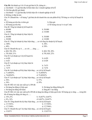 http://cvct3.edu.vn/
TRẮC NGHIỆM PHÂN TÍCH HOẠT ĐỘNG KINH DOANH 2015 Page 5
Câu 38: Giá thành sp A là 10 mà giá bán là 20, chứng tỏ....
a. Giá thành = 1/2 giá bán đây là biểu hiện xấu vì doanh nghiệp sẽ bị lỗ
b. Giá bán gấp đôi giá thành
c. Giá thành = 1/2 giá bán đây là biểu hiện tốt vì doanh nghiệp sẽ bị lỗ
d. Không có đáp án nào
Câu 39: (Doanh thu = số lượng * giá bán) do đó doanh thu của sản phẩm B kỳ TH tăng so với kỳ kế hoạch là
do.....
a. Số lượng sp tiêu thụ và đơn giá b. Đơn giá
c. Số lượng sp tiêu thụ d. Số lượng của sp A và sp C nữa
Câu 40: Tổng lợi nhuận kỳ kế hoạch là
a. 40.000 b. 30.000
c. 20.000 d. 10.000
Câu 41: Tổng lợi nhuận kỳ thực hiện là
a. 40.000 b. 30.000
c. 20.000 d. 10.000
Câu 42: Tổng lợi nhuận kỳ thực hiện tăng ......so với tổng lợi nhuận kỳ kế hoạch.
a. 100% b. 30%
c. 40% d. 50%
Câu 43: Doanh thu sp A ......so với .......tăng ......
a. KH, TH, 10% b. KH, TH, 20%
c. TH, KH, 21% d. TH, KH, 22%
Câu 44: Lợi nhuận sp A kỳ kế hoạch là:
a. 6.420 b. 6.429
c. 6.421 d. 6.428
Câu 45: Lợi nhuận sp A kỳ thực hiện là:
a. 7.674 b. 7.673
c. 7.675 d. 7.676
Câu 46: Lợi nhuận sp B kỳ thực hiện tăng.....so với kỳ kế hoạch
a. 71,40565% b. 72,40565%
c. 74,40565% d. 73,40565%
Câu 47: Lợi nhuận sp C kỳ thực hiện tăng.....so với kỳ kế hoạch
a. 56% b. 57%
c. 58% d. 59%
Câu 48: Đối với việc sản xuất sp A, DN đã:
a. Sử dụng lao động có hiệu quả b. Sử dụng lao động không tốt
c. Sử dụng lao động tiết kiệm d. lãng phí 1 lao động
Câu 49: Đối với việc sản xuất sp B, DN đã sử dụng lao động có hiệu quả là do: Số lượng sp sx tăng ....., trong khi
đó số lượng lao động chỉ tăng có.......
a. 16%, 6% b. 16,667%; 6,667%
c. 6%, 16% d. 6,667%; 16,667%
Câu 50: Tổng doanh thu kỳ thực hiện tăng.....so với kỳ kế hoạch
a. 17,7393% b. 17,7395%
c. 17,7394% d. 17,7396%
Câu 51: Doanh thu sp C kỳ thực hiện tăng.....so với kỳ kế hoạch
a. 15,8371 b. 15,8371%
 