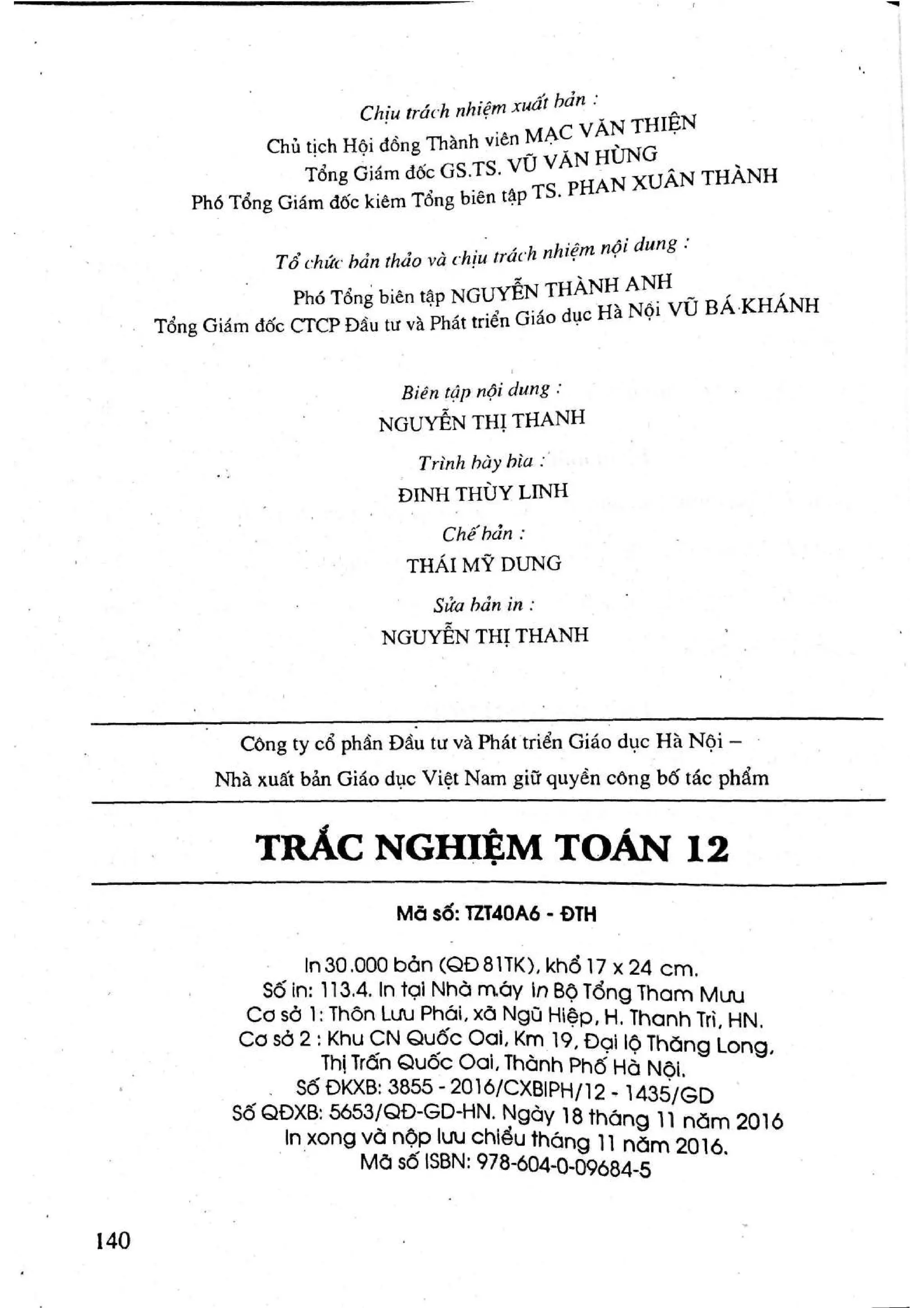 Sách trắc nghiệm Toán 12 Đoàn Quỳnh luyện thi THPT Quốc gia 2017