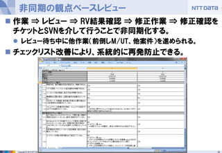 16Copyright © 2014 NTT DATA Corporation
非同期の観点ベースレビュー
 作業 ⇒ レビュー ⇒ RV結果確認 ⇒ 修正作業 ⇒ 修正確認を
チケットとSVNを介して行うことで非同期化する。
 レビュー待ち中に他作業（前倒しM/UT、他案件）を進められる。
 チェックリスト改善により、系統的に再発防止できる。
 