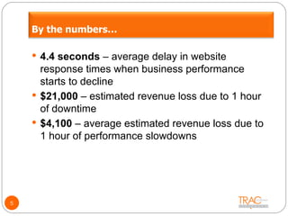5 4.4 seconds  – average delay in website response times when business performance starts to decline $21,000  – estimated revenue loss due to 1 hour of downtime $4,100  – average estimated revenue loss due to 1 hour of performance slowdowns By the numbers… 