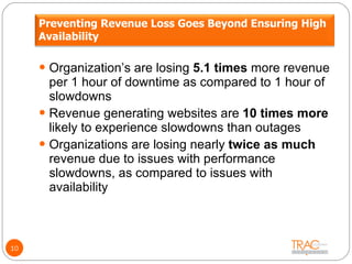 10 Organization’s are losing  5.1 times  more revenue per 1 hour of downtime as compared to 1 hour of slowdowns Revenue generating websites are  10 times more  likely to experience slowdowns than outages Organizations are losing nearly  twice as much  revenue due to issues with performance slowdowns, as compared to issues with availability Preventing Revenue Loss Goes Beyond Ensuring High Availability 