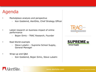 Agenda Marketplace analysis and perspective Ken Godskind, AlertSite, Chief Strategy Officer Latest research on business impact of online performance Bojan Simic - TRAC Research, Founder  Real-World example Steve Lubahn – Supreme School Supply, General Manager  Wrap-up and Q&A Ken Godskind, Bojan Simic, Steve Lubahn 