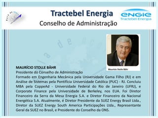 Tractebel Energia
MAURÍCIO STOLLE BÄHR
Presidente do Conselho de Administração
Formado em Engenharia Mecânica pela Universidade Gama Filho (RJ) e em
Análise de Sistemas pela Pontifícia Universidade Católica (PUC) - RJ. Concluiu
MBA pela CoppeAd - Universidade Federal do Rio de Janeiro (UFRJ), e
Corporate Finance pela Universidade de Berkeley, nos EUA. Foi Diretor
Financeiro da Serra da Mesa Energia S.A. e Diretor Financeiro da Nacional
Energética S.A. Atualmente, é Diretor Presidente da SUEZ Energy Brasil Ltda.,
Diretor da SUEZ Energy South America Participações Ltda., Representante
Geral da SUEZ no Brasil, e Presidente do Conselho da ONS.
Conselho de Administração
 