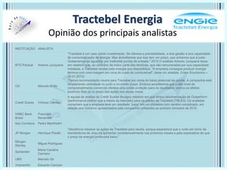 Tractebel Energia
Opinião dos principais analistas
INSTITUIÇÃO ANALISTA
BTG Pactual Antonio Junqueira
"Tractebel é um caso sólido investimento. Se oferece a previsibilidade, a boa gestão e boa capacidade
de comercialização de energia. Mas acreditamos que isso tem um preço, que achamos que é justo.
Gostaríamos de aguardar por melhores pontos de entrada." 2015 O analista Antonio Junqueira disse
em relatório que, ao contrário da maior parte das térmicas, que são remuneradas por sua capacidade
instalada, a Tractebel recebe pela energia que disponibiliza. "A empresa consegue produzir energia
térmica com uma margem em cima do custo do combustível", disse um analista. (Valor Econômico –
09.01.2013)
Citi Marcelo Britto
Temos recomendação neutra para Tractebel por conta do baixo potencial de upside. A companhia está
amplamente contratada no curto e no médio prazo. Embora acreditemos que o alto nível de
comprometimento comercial oferece uma sólida proteção para os resultados, vemos os efeitos
positivos disto já no preço das ações nos atuais níveis.
Credit Suisse Vinicius Canheu
A equipe de análise do Credit Suisse divulgou relatório em que atribui recomendação de Outperform
(performance melhor que a média do mercado) para os papéis da Tractebel (TBLE3). Os analistas
comentam que a empresa teve um resultado “justo” em um trimestre com cenário complicado, em
relação aos números apresentados pela companhia referentes ao primeiro trimestre de 2015.
HSBC Bank
Brasil
Francisco
Navarrete
Itaú Corretora Pedro Manfredini
JP Morgan Henrique Peretti
“Decidimos rebaixar as ações da Tractebel para neutra, porque esperamos que o ruído em torno da
transferência de Jirau irá aumentar consideravelmente nos próximos meses e pela expectativa de que
o preço da energia continuará baixo.”
Morgan
Stanley
Miguel Rodrigues
Santander
Maria Carolina
Carneiro
UBS Marcelo Sá
Votorantim Eduardo Cancian
 