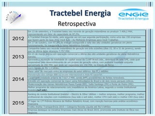 Tractebel Energia
Retrospectiva
Em 13 de setembro, a Tractebel bateu seu recorde de geração instantânea ao produzir 7.409,2 MW,
representando um fator de capacidade de 87,2%.
A Tractebel Energia foi eleita, pela segunda vez em sua segunda participação, como uma das 150 empresas
que fazem parte do Guia 2012 Você S/A – As Melhores Empresas para Você Trabalhar.
Em 17 de outubro, com 97,3% da energia assegurada e sete das oito unidades geradoras em pleno
funcionamento, foi inaugurada a Usina Hidrelétrica Estreito.
Companhia bateu seu recorde instantâneo de geração em três ocasiões (dias 15, 30 e 31 de janeiro), sendo
que na última delas alcançou 7.757 MW.
Em 21 de março entrou em operação comercial a última das oito unidades geradoras da Usina Hidrelétrica
Estreito.
Aprovada a aquisição da totalidade do capital social da CLWP Brasil Ltda., detentora de sete SPE, cada qual
responsável pelo desenvolvimento de um projeto de geração eólica, com potência instalada conjunta
aproximada de 206 MW, que pode ser expandida em 150 MW, no Estado da Bahia.
Lucro líquido de R$ 1,4 bilhão.
Maior valor de mercado entre as empresas do setor elétrico: R$ 22,1 bilhões.
Manutenção dos ratings BBB na escala internacional e AAA na nacional.
Capacidade instalada própria de 7.027,2 MW, sendo 84% provenientes de fontes renováveis.
Entrada em operação comercial da maior usina fotovoltaica do Brasil e de dois novos parques eólicos.
Modernização das Usinas Hidrelétricas Passo Fundo (RS), Salto Santiago (PR) e Ponte de Pedra (MS).
Melhor programa de relacionamento com investidores da América Latina, segundo a revista Institutional
Investor(sell side) .
Ranking da revista Institutional Investor – Electric & Other Utilities – melhor empresa, melhor programa, melhor
profissional de relações com investidores (buy side e sell side), melhor CFO (sell side) e melhor CEO (buy side)
2º lugar no 17º Prêmio Abrasca de Melhor Relatório Anual, com menção honrosa pela análise econômico-
financeira
Troféu Anefac Transparência 2015 – Categoria Receita Líquida até R$ 5 bilhões
Empresa destaque na iniciativa Empresas mais éticas do Brasil 2015, promovida pelo Instituto de Ética nos
Negócios
2015
2014
2013
2012
 