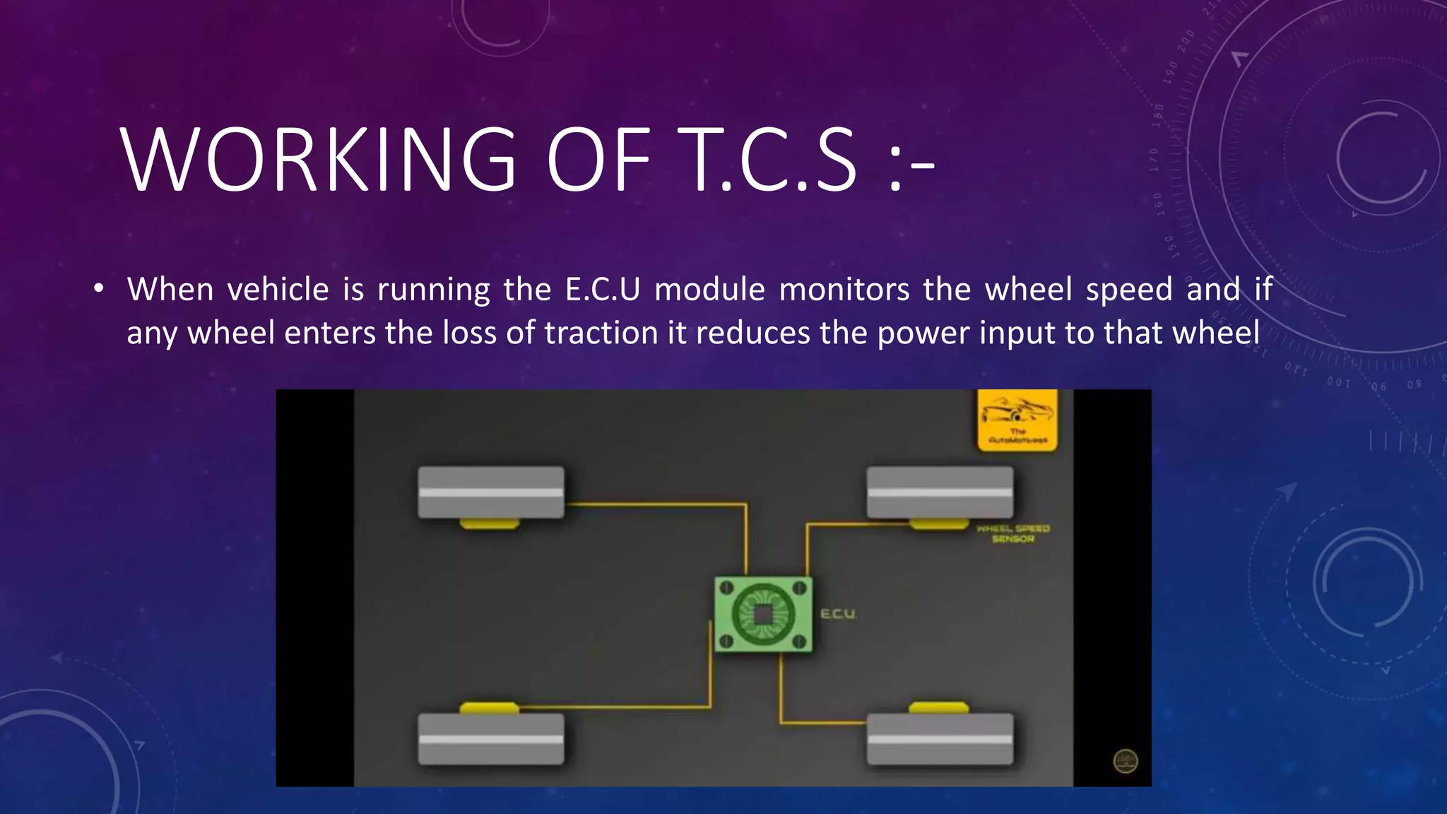 WORKING OF T.C.S :-
• When vehicle is running the E.C.U module monitors the wheel speed and if
any wheel enters the loss of traction it reduces the power input to that wheel
 