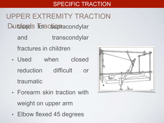 SPECIFIC TRACTION
UPPER EXTREMITY TRACTION
Dunlop’s Traction• Used for supracondylar
and transcondylar
fractures in children
• Used when closed
reduction difficult or
traumatic
• Forearm skin traction with
weight on upper arm
• Elbow flexed 45 degrees
 