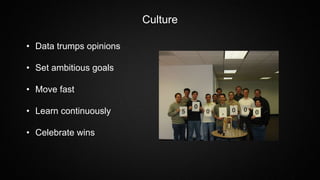 Culture
• Data trumps opinions
• Set ambitious goals
• Move fast
• Learn continuously
• Celebrate wins
 