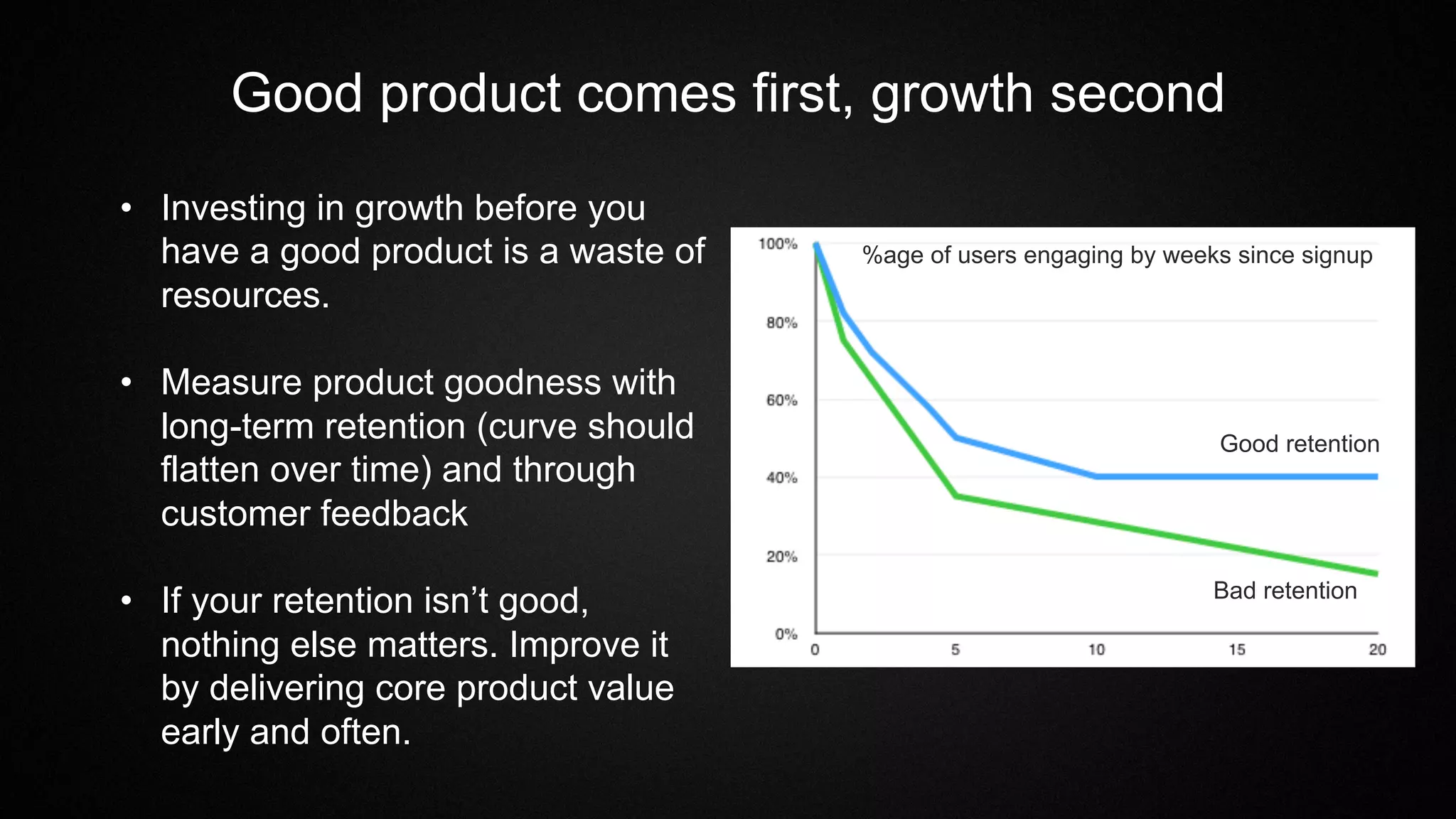 Good product comes first, growth second
•  Investing in growth before you
have a good product is a waste of
resources.
•  Measure product goodness with
long-term retention (curve should
flatten over time) and through
customer feedback
•  If your retention isn’t good,
nothing else matters. Improve it
by delivering core product value
early and often.
Good retention
Bad retention
%age of users engaging by weeks since signup
 