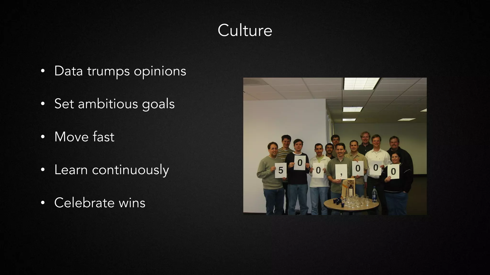 Culture
•  Data trumps opinions
•  Set ambitious goals
•  Move fast
•  Learn continuously
•  Celebrate wins
 