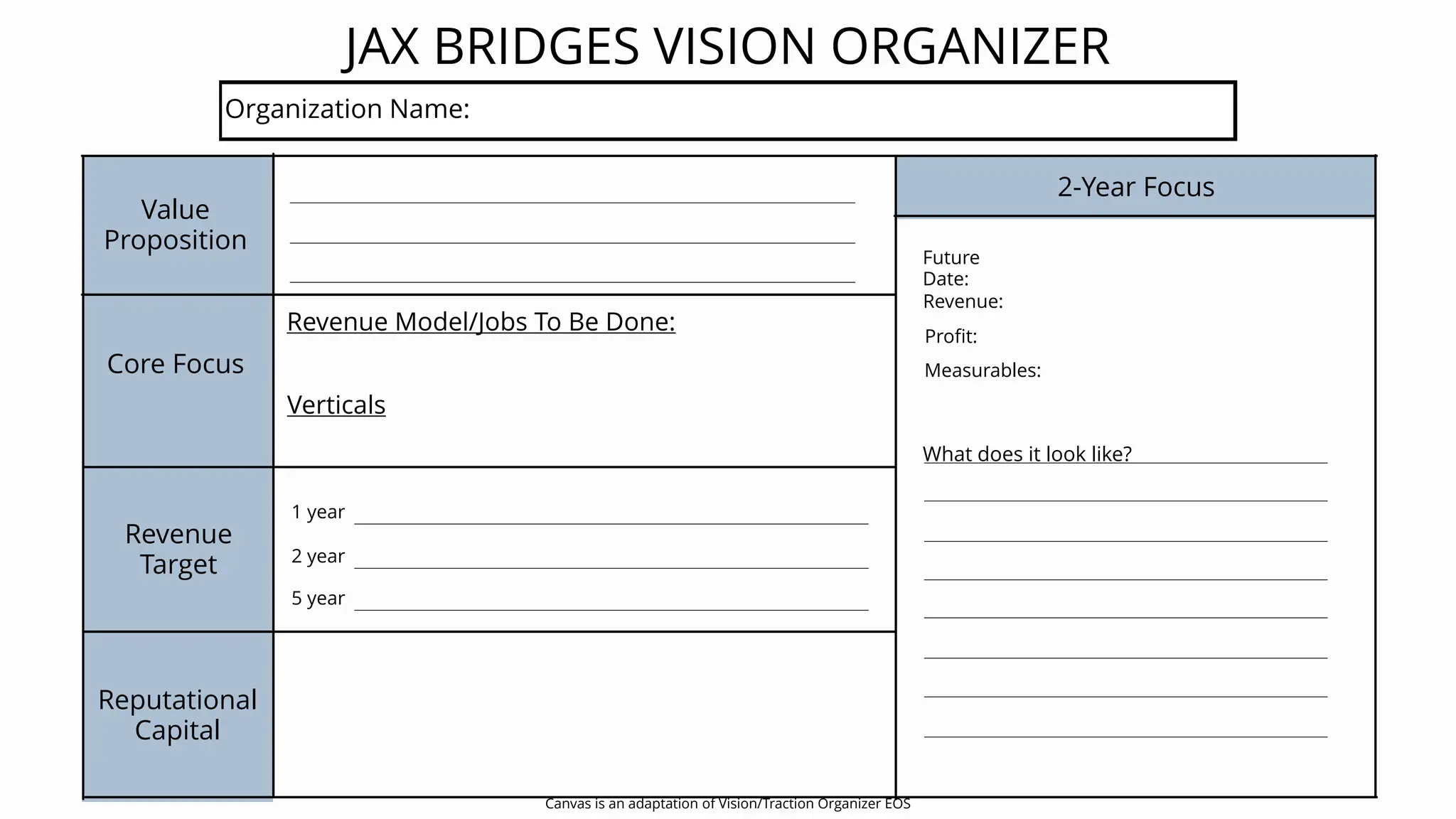 JAX BRIDGES VISION ORGANIZER
Organization Name:
Value
Proposition
Core Focus
Revenue
Target
Reputational
Capital
2-Year Focus
Revenue Model/Jobs To Be Done:
Verticals
1 year
2 year
5 year
Future
Date:
Revenue:
Profit:
Measurables:
What does it look like?
Canvas is an adaptation of Vision/Traction Organizer EOS
 