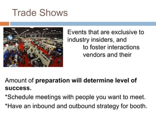 Trade Shows
Events that are exclusive to
industry insiders, and
designed to foster interactions
between vendors and their
...