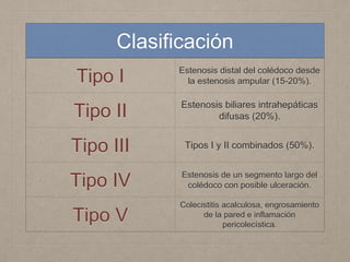 Clasificación
Tipo I Estenosis distal del colédoco desde
la estenosis ampular (15-20%).
Tipo II Estenosis biliares intrahepáticas
difusas (20%).
Tipo III Tipos I y II combinados (50%).
Tipo IV Estenosis de un segmento largo del
colédoco con posible ulceración.
Tipo V
Colecistitis acalculosa, engrosamiento
de la pared e inflamación
pericolecística.
 