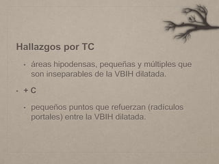 Hallazgos por TC
• áreas hipodensas, pequeñas y múltiples que
son inseparables de la VBIH dilatada.
• + C
• pequeños puntos que refuerzan (radículos
portales) entre la VBIH dilatada.
 