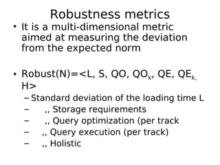 Robustness metrics
• It is a multi-dimensional metric
  aimed at measuring the deviation
  from the expected norm

• Robust(N)=<L, S, QO, QOk, QE, QEk,
  H>
  – Standard deviation of the loading time L
  –    ,, Storage requirements
  –    ,, Query optimization (per track
  –   ,, Query execution (per track)
  –   ,, Holistic
 
