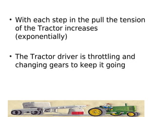 • With each step in the pull the tension
  of the Tractor increases
  (exponentially)

• The Tractor driver is throttling and
  changing gears to keep it going
 