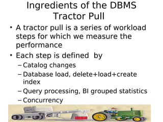 Ingredients of the DBMS
          Tractor Pull
• A tractor pull is a series of workload
  steps for which we measure the
  performance
• Each step is defined by
  – Catalog changes
  – Database load, delete+load+create
    index
  – Query processing, BI grouped statistics
  – Concurrency
  – Act of God operations
 