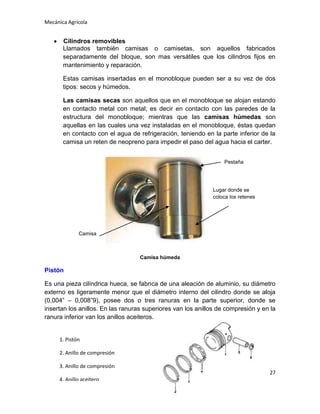 Mecánica Agrícola

Cilindros removibles
Llamados también camisas o camisetas, son aquellos fabricados
separadamente del bloque, son mas versátiles que los cilindros fijos en
mantenimiento y reparación.
Estas camisas insertadas en el monobloque pueden ser a su vez de dos
tipos: secos y húmedos.
Las camisas secas son aquellos que en el monobloque se alojan estando
en contacto metal con metal; es decir en contacto con las paredes de la
estructura del monobloque; mientras que las camisas húmedas son
aquellas en las cuales una vez instaladas en el monobloque, éstas quedan
en contacto con el agua de refrigeración, teniendo en la parte inferior de la
camisa un reten de neopreno para impedir el paso del agua hacia el carter.
Pestaña

Lugar donde se
coloca los retenes

El retén
Camisa

Camisa húmeda

Pistón
Es una pieza cilíndrica hueca, se fabrica de una aleación de aluminio, su diámetro
externo es ligeramente menor que el diámetro interno del cilindro donde se aloja
(0,004” – 0,008”9), posee dos o tres ranuras en la parte superior, donde se
insertan los anillos. En las ranuras superiores van los anillos de compresión y en la
ranura inferior van los anillos aceiteros.

1. Pistón
2. Anillo de compresión
3. Anillo de compresión
27
4. Anillo aceitero
5. Pín o bulón
6. Seguro de pin

 