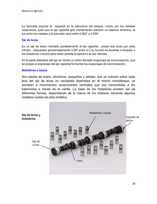 Mecánica Agrícola

La bancada soporta al cigüeñal en la estructura del bloque, unidos por los metales
respectivos, para que el eje cigüeñal gire manteniendo siempre un balance dinámico, la
luz entre los metales y la bancada varía entre 0.002” a 0.004”.
Eje de levas
Es un eje de acero montado paralelamente al eje cigüeñal , posee dos levas por cada
cilindro , dispuestas aproximadamente a 90º entre si y su función es levantar o empujar a
los botadores o buzos para hacer posible la apertura de las válvulas.
En la parte delantera del eje se monta un piñón llamado engranaje de sincronización, que
se acopla al engranaje del eje cigüeñal formando los engranajes de sincronización.
Botadores o buzos

Son piezas de acero, cilíndricas, pequeñas y sólidas, que se colocan sobre cada
leva del eje de levas en cavidades diseñadas en el mismo monobloque, se
someten a movimientos reciprocantes verticales que son transmitidas a los
balancines a través de la varilla. La base de los botadores pueden ser de
diferentes formas, dependiendo de la marca de los motores, teniendo algunos
modelos ruedas de jebe sintético.
Eje de levas y botadores
Botadores o buzos

Eje de levas y
botadores

Cojinete de
apoyo

Eje de
Levas

Leva

30

 