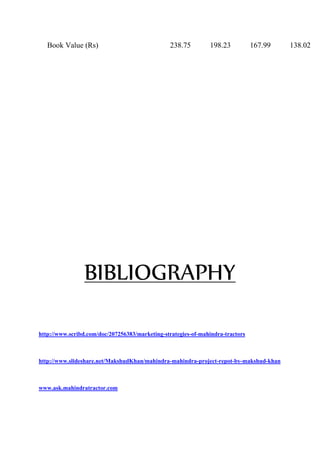 Book Value (Rs) 238.75 198.23 167.99 138.02
BIBLIOGRAPHY
http://www.scribd.com/doc/207256383/marketing-strategies-of-mahindra-tractors
http://www.slideshare.net/MakshudKhan/mahindra-mahindra-project-repot-by-makshud-khan
www.ask.mahindratractor.com
 