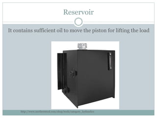 Reservoir
It contains sufficient oil to move the piston for lifting the load
http://www.northerntool.com/shop/tools/category_hydraulics
 
