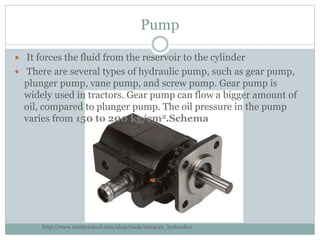Pump
 It forces the fluid from the reservoir to the cylinder
 There are several types of hydraulic pump, such as gear pump,
plunger pump, vane pump, and screw pump. Gear pump is
widely used in tractors. Gear pump can flow a bigger amount of
oil, compared to plunger pump. The oil pressure in the pump
varies from 150 to 200 kg/cm2.Schema
http://www.northerntool.com/shop/tools/category_hydraulics
 