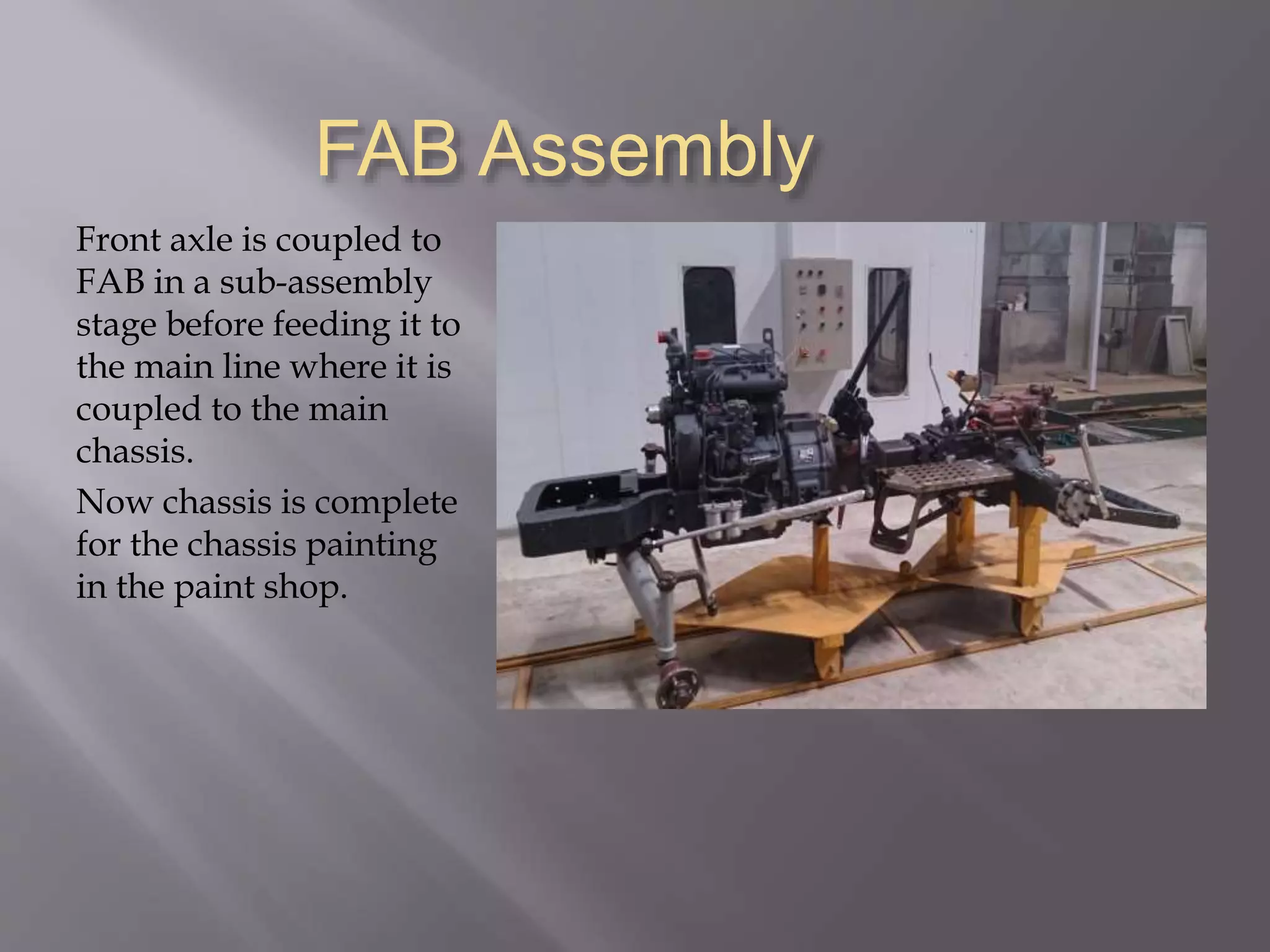 FAB Assembly
Front axle is coupled to
FAB in a sub-assembly
stage before feeding it to
the main line where it is
coupled to the main
chassis.
Now chassis is complete
for the chassis painting
in the paint shop.
 