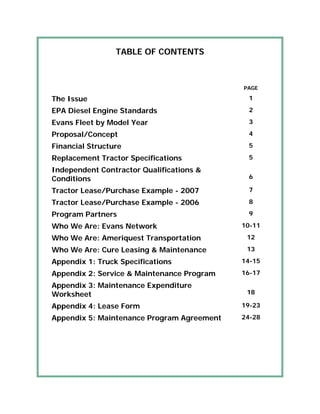 TABLE OF CONTENTS



                                            PAGE

The Issue                                    1

EPA Diesel Engine Standards                  2

Evans Fleet by Model Year                    3

Proposal/Concept                             4

Financial Structure                          5

Replacement Tractor Specifications           5

Independent Contractor Qualifications &
Conditions                                   6

Tractor Lease/Purchase Example - 2007        7

Tractor Lease/Purchase Example - 2006        8

Program Partners                             9

Who We Are: Evans Network                   10-11

Who We Are: Ameriquest Transportation        12

Who We Are: Cure Leasing & Maintenance       13

Appendix 1: Truck Specifications            14-15

Appendix 2: Service & Maintenance Program   16-17

Appendix 3: Maintenance Expenditure
Worksheet                                    18

Appendix 4: Lease Form                      19-23

Appendix 5: Maintenance Program Agreement   24-28
 