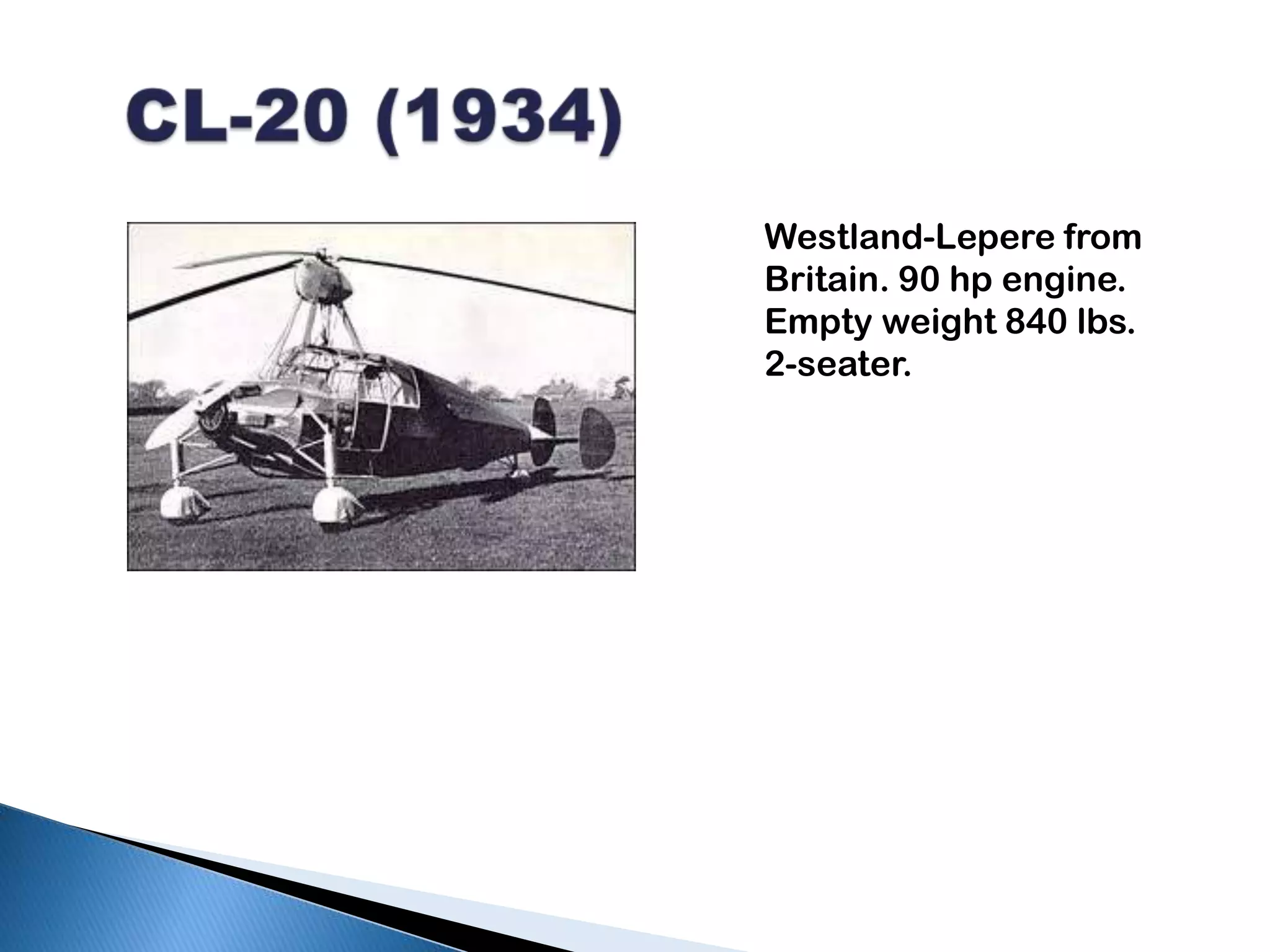   CL-20 (1934)Westland-Lepere from Britain. 90 hp engine. Empty weight 840 lbs. 2-seater.