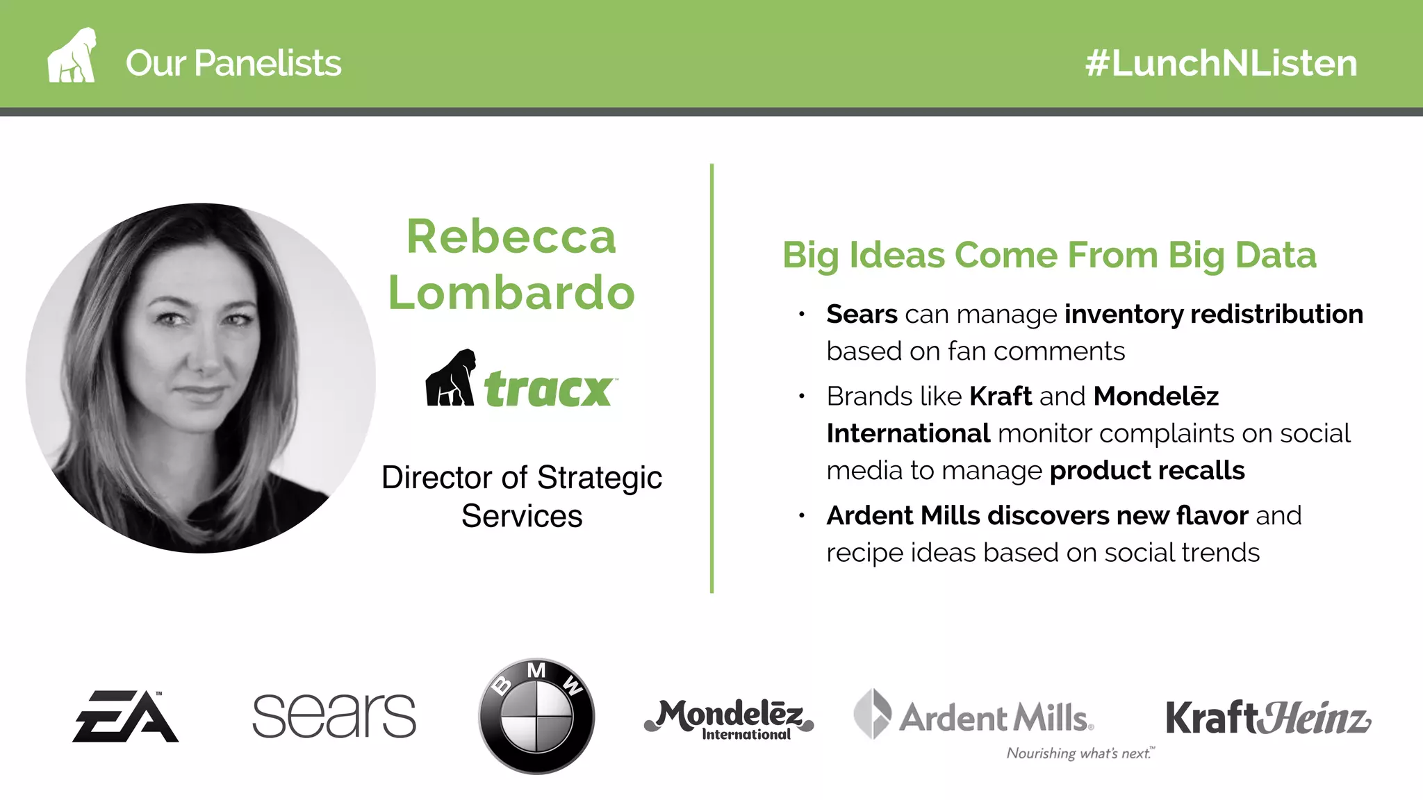 Our Panelists
Rebecca
Lombardo
Director of Strategic
Services
Big Ideas Come From Big Data
• Sears can manage inventory redistribution
based on fan comments
• Brands like Kraft and Mondelēz
International monitor complaints on social
media to manage product recalls
• Ardent Mills discovers new ﬂavor and
recipe ideas based on social trends
#LunchNListen
 