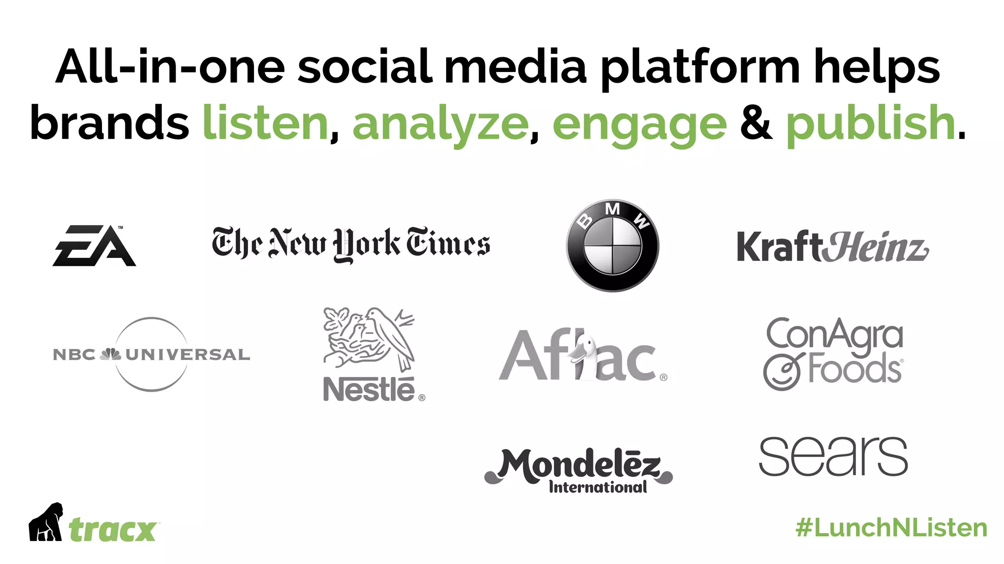 All-in-one social media platform helps
brands listen, analyze, engage & publish.
#LunchNListen
 