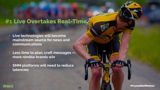 • Live technologies will become
mainstream source for news and
communications
• Less time to plan, craft messages —
more nimble brands win
• SMM platforms will need to reduce
latencies
#1 Live Overtakes Real-Time
#CrystalBallWebinar
11
 