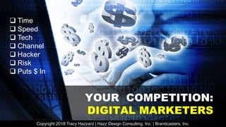 YOUR COMPETITION:
DIGITAL MARKETERS
 Time
 Speed
 Tech
 Channel
 Hacker
 Risk
 Puts $ In
Copyright 2018 Tracy Hazzard | Hazz Design Consulting, Inc. | Brandcasters, Inc.
 