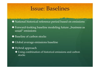 Issue: Baselines

National historical reference period based on emissions

Forward-
Forward-looking baseline modeling future „business as
usual“ emissions

Baseline of carbon stocks

Global average emissions baseline

Hybrid approach
  Using combination of historical emissions and carbon
  stocks
 