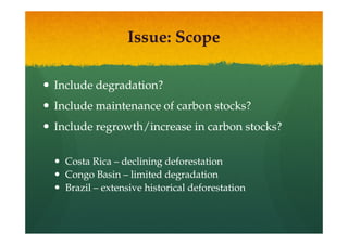 Issue: Scope

Include degradation?
Include maintenance of carbon stocks?
Include regrowth/increase in carbon stocks?

  Costa Rica – declining deforestation
  Congo Basin – limited degradation
  Brazil – extensive historical deforestation
 