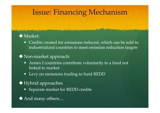 Issue: Financing Mechanism


Market:
  Credits created for emissions reduced, which can be sold to
  industrialized countries to meet emission reduction targets

Non-
Non-market approach:
  Annex I countries contribute voluntarily to a fund not
  linked to market
  Levy on emissions trading to fund REDD

Hybrid approaches
  Separate market for REDD credits

And many others....
 
