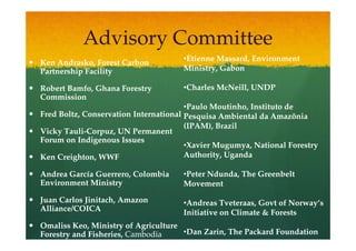 Advisory Committee
                                     •Etienne Massard, Environment
Ken Andrasko, Forest Carbon
Partnership Facility                 Ministry, Gabon

Robert Bamfo, Ghana Forestry         •Charles McNeill, UNDP
Commission
                                       •Paulo Moutinho, Instituto de
Fred Boltz, Conservation International Pesquisa Ambiental da Amazônia
                                       (IPAM), Brazil
Vicky Tauli-Corpuz, UN Permanent
      Tauli-
Forum on Indigenous Issues
                                       •Xavier Mugumya, National Forestry
Ken Creighton, WWF                     Authority, Uganda

Andrea García Guerrero, Colombia     •Peter Ndunda, The Greenbelt
Environment Ministry                 Movement

Juan Carlos Jinitach, Amazon         •Andreas Tveteraas, Govt of Norway’s
Alliance/COICA                       Initiative on Climate & Forests
Omaliss Keo, Ministry of Agriculture
Forestry and Fisheries, Cambodia     •Dan Zarin, The Packard Foundation
 