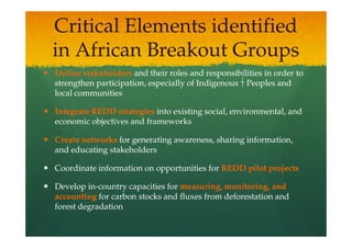 Critical Elements identified
in African Breakout Groups
Define stakeholders and their roles and responsibilities in order to
strengthen participation, especially of Indigenous  Peoples and
local communities

Integrate REDD strategies into existing social, environmental, and
economic objectives and frameworks

Create networks for generating awareness, sharing information,
and educating stakeholders

Coordinate information on opportunities for REDD pilot projects

Develop in-country capacities for measuring, monitoring, and
         in-
accounting for carbon stocks and fluxes from deforestation and
forest degradation
 