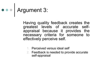 Argument 3: Having quality feedback creates the greatest levels of accurate self-appraisal because it provides the necessary criteria for someone to effectively perceive self. Perceived versus ideal self Feedback is needed to provide accurate self-appraisal 
