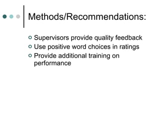 Methods/Recommendations: Supervisors provide quality feedback Use positive word choices in ratings Provide additional training on performance 