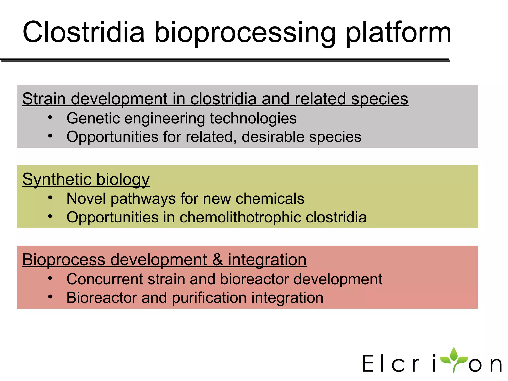 Clostridia bioprocessing platform

Strain development in clostridia and related species
   • Genetic engineering technologies
   • Opportunities for related, desirable species

Synthetic biology
   • Novel pathways for new chemicals
   • Opportunities in chemolithotrophic clostridia

Bioprocess development & integration
   • Concurrent strain and bioreactor development
   • Bioreactor and purification integration
 