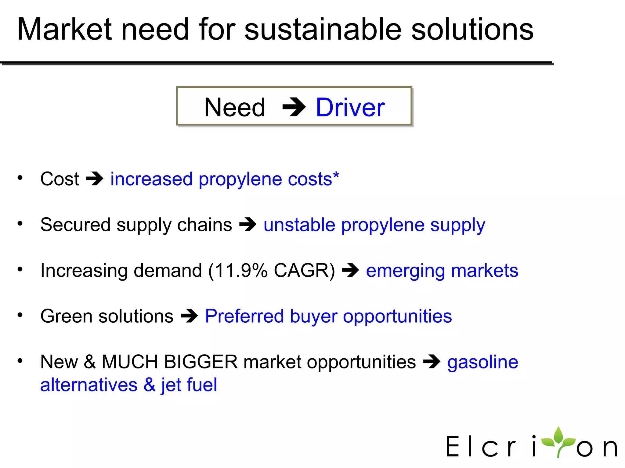 Market need for sustainable solutions

                     Need  Driver

• Cost  increased propylene costs*

• Secured supply chains  unstable propylene supply

• Increasing demand (11.9% CAGR)  emerging markets

• Green solutions  Preferred buyer opportunities

• New & MUCH BIGGER market opportunities  gasoline
  alternatives & jet fuel
 