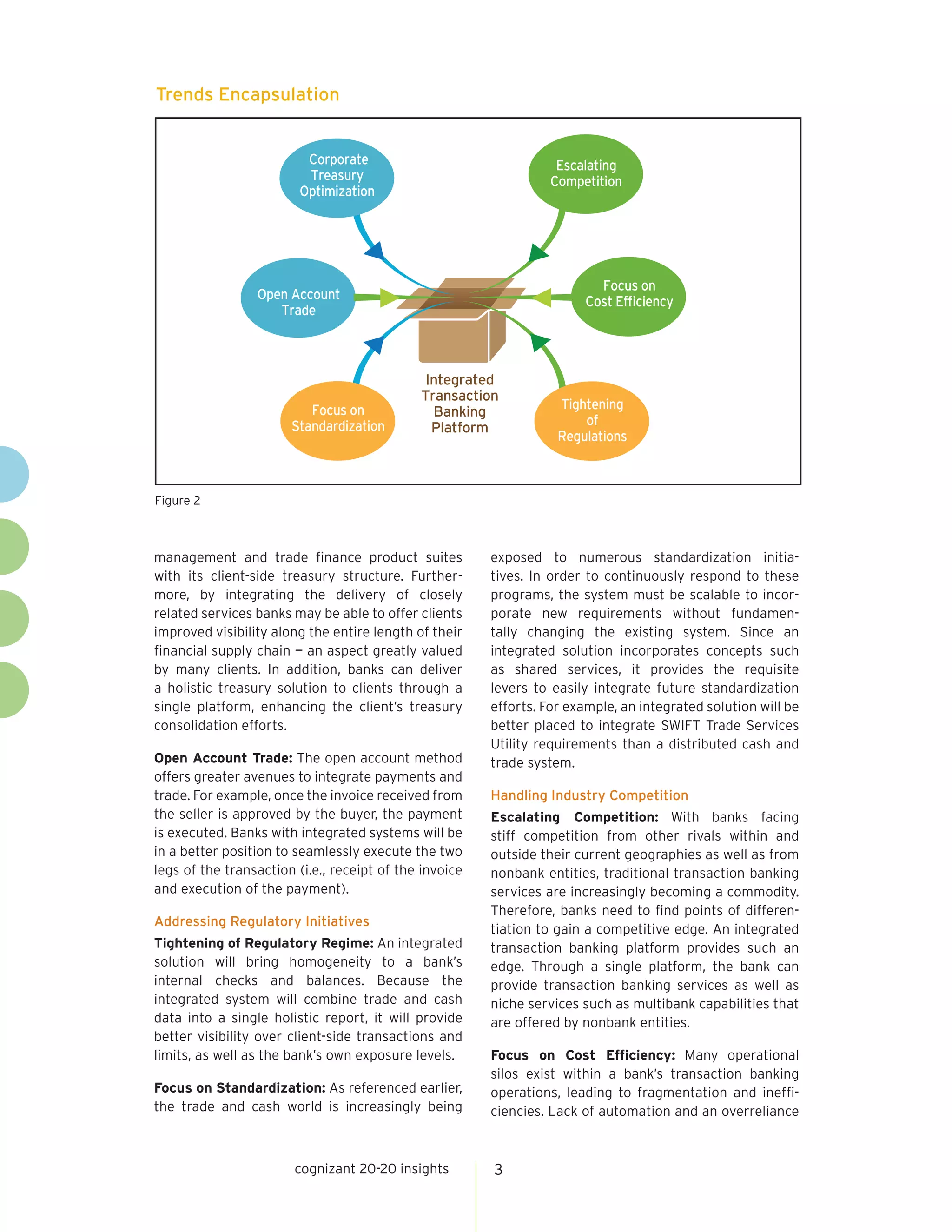 Trends Encapsulation


                          Corporate                                Escalating
                          Treasury                                Competition
                         Optimization




                                                                         Focus on
                 Open Account                                          Cost Efﬁciency
                    Trade



                                              Integrated
                                             Transaction
                          Focus on             Banking             Tightening
                       Standardization         Platform                of
                                                                   Regulations



Figure 2



management and trade finance product suites             exposed to numerous standardization initia-
with its client-side treasury structure. Further-       tives. In order to continuously respond to these
more, by integrating the delivery of closely            programs, the system must be scalable to incor-
related services banks may be able to offer clients     porate new requirements without fundamen-
improved visibility along the entire length of their    tally changing the existing system. Since an
financial supply chain — an aspect greatly valued       integrated solution incorporates concepts such
by many clients. In addition, banks can deliver         as shared services, it provides the requisite
a holistic treasury solution to clients through a       levers to easily integrate future standardization
single platform, enhancing the client’s treasury        efforts. For example, an integrated solution will be
consolidation efforts.                                  better placed to integrate SWIFT Trade Services
                                                        Utility requirements than a distributed cash and
Open Account Trade: The open account method             trade system.
offers greater avenues to integrate payments and
trade. For example, once the invoice received from      Handling Industry Competition
the seller is approved by the buyer, the payment        Escalating Competition: With banks facing
is executed. Banks with integrated systems will be      stiff competition from other rivals within and
in a better position to seamlessly execute the two      outside their current geographies as well as from
legs of the transaction (i.e., receipt of the invoice   nonbank entities, traditional transaction banking
and execution of the payment).                          services are increasingly becoming a commodity.
                                                        Therefore, banks need to find points of differen-
Addressing Regulatory Initiatives
                                                        tiation to gain a competitive edge. An integrated
Tightening of Regulatory Regime: An integrated          transaction banking platform provides such an
solution will bring homogeneity to a bank’s             edge. Through a single platform, the bank can
internal checks and balances. Because the               provide transaction banking services as well as
integrated system will combine trade and cash           niche services such as multibank capabilities that
data into a single holistic report, it will provide     are offered by nonbank entities.
better visibility over client-side transactions and
limits, as well as the bank’s own exposure levels.      Focus on Cost Efficiency: Many operational
                                                        silos exist within a bank’s transaction banking
Focus on Standardization: As referenced earlier,        operations, leading to fragmentation and ineffi-
the trade and cash world is increasingly being          ciencies. Lack of automation and an overreliance



                        cognizant 20-20 insights        3
 