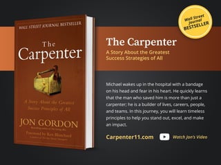 The Carpenter
A Story About the Greatest
Success Strategies of All
Michael wakes up in the hospital with a bandage
on his ...