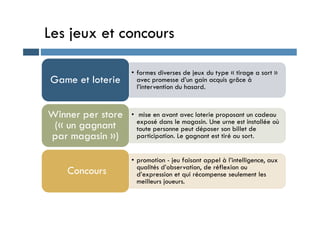 Les jeux et concours
• formes diverses de jeux du type « tirage a sort »
avec promesse d’un gain acquis grâce à
l’intervention du hasard.
Game et loterie
• mise en avant avec loterie proposant un cadeau
Winner per store • mise en avant avec loterie proposant un cadeau
exposé dans le magasin. Une urne est installée où
toute personne peut déposer son billet de
participation. Le gagnant est tiré au sort.
Winner per store
(« un gagnant
par magasin »)
• promotion - jeu faisant appel à l’intelligence, aux
qualités d’observation, de réflexion ou
d’expression et qui récompense seulement les
meilleurs joueurs.
Concours
 